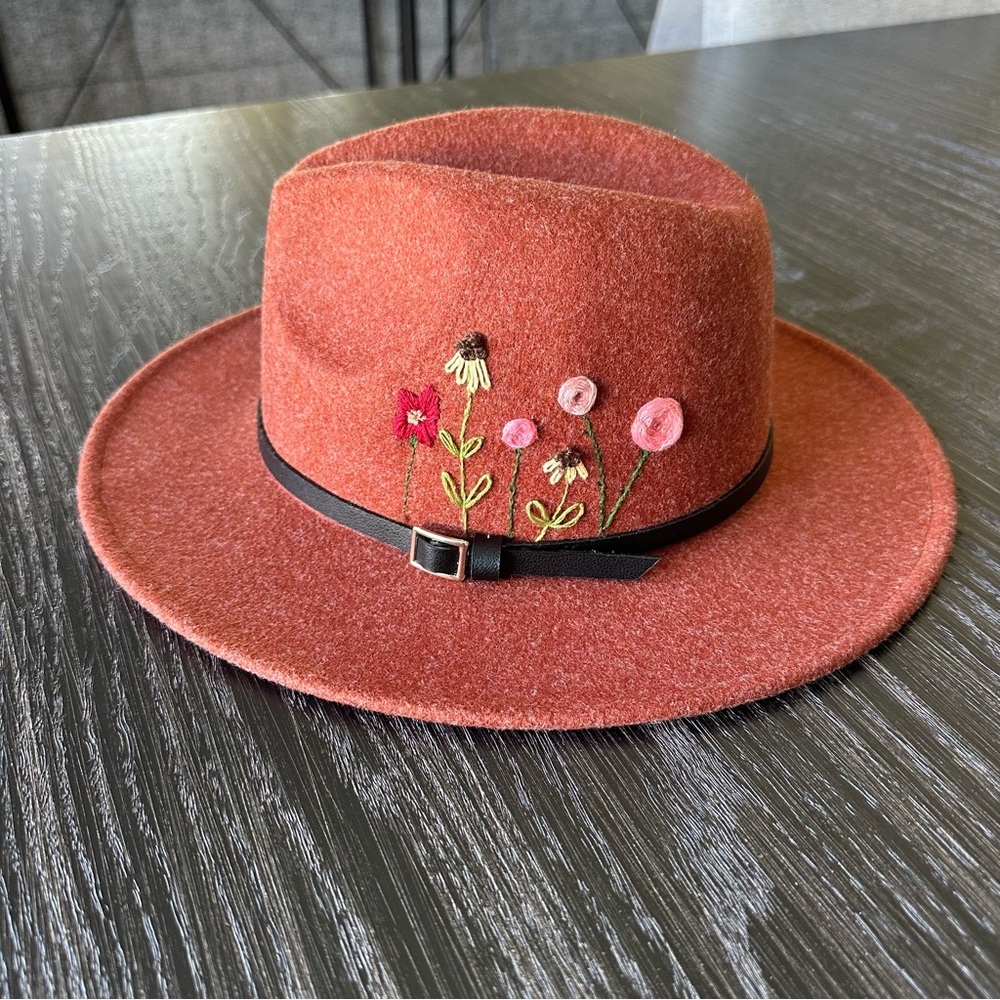 Hand-Embroidered Wool-Blend Adjustable Floral Burnt Orange Fedora Wide Brim Hat